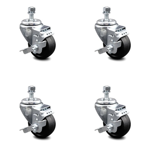 3 Inch Soft Rubber Wheel Swivel 3/8 Inch Threaded Stem Caster Set with Brake SCC